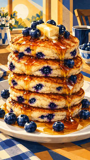 A tall stack of fluffy blueberry pancakes with golden edges, fresh blueberries and melting butter has maple syrup running down its sides on a white plate on a sunny table.