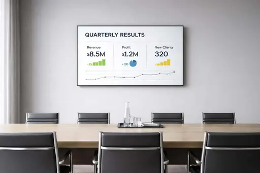 Minimal boardroom interior photographed in a 3:2 layout featuring a single wall screen showing quarterly results, composed for a corporate poster-cover image.