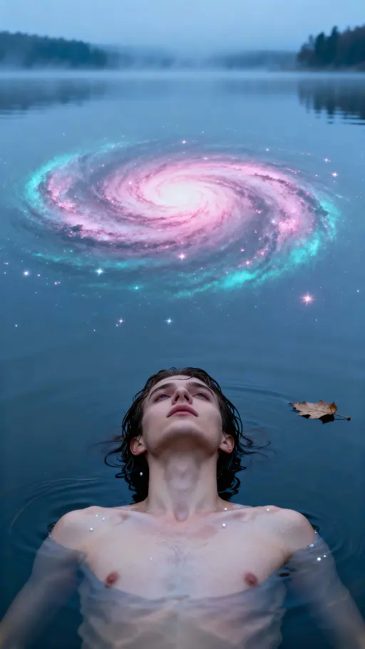 A lone body lies just beneath the mirror-smooth surface of a vertical, 9:16 lake, while a luminous spiral galaxy reflects above like a dreamlit dome.