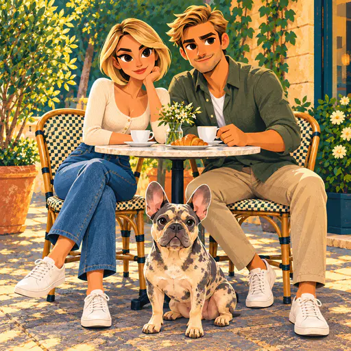 Chunky painted cartoon of a wide-eyed couple and their French bulldog at a café table with greenery behind.