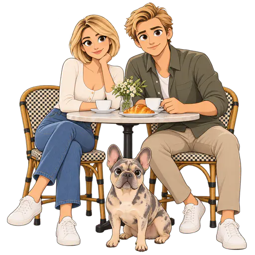 A blonde woman and a man sit at a cafe table with their spotted dog between them; woven chairs, cups, flowers and pastries complete the scene.