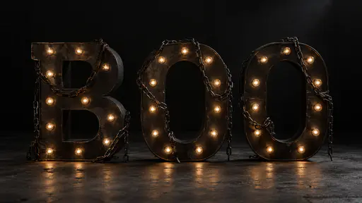 The word BOO spelled in three tall matte black marquee letters with small glowing warm white bulbs set into their faces and rusty iron chains wrapped round them, standing on a dark concrete floor in a black room with their glow reflected on the floor.