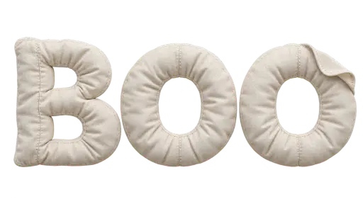 The word BOO spelled in three plump letters made of folded pale ghost linen, floating on a transparent background with wide open counters and even baseline; the final O has one soft hem corner lifting at its upper right like a sheet caught in a breeze. A transparent halloween word asset for party graphics, stickers and headlines.