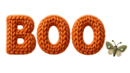 The word BOO in broad chunky knitted letterforms of pumpkin-orange wool with visible stockinette stitches, one small sage-and-cream felt moth resting beside the final letter, isolated on a transparent background as a cozy Halloween yarn-lettering asset.