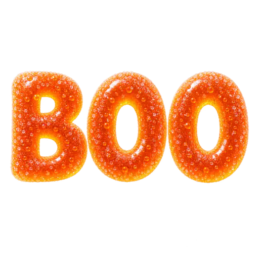 The word BOO in three broad translucent orange jelly letters coated in sparkling white sugar, tiny bubbles trapped inside, isolated on a transparent background as a Halloween text asset.