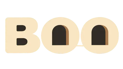 Bold cream BOO lettering where each O counter opens as a dark arched doorway; one shared floor line links the two doorways. Halloween word art on transparency.