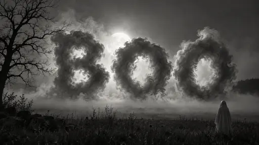 The word BOO spelled in three tall letters of grey smoke rising from a bank of ground fog on a night field in black and white, a full moon glowing behind them, a small pale sheet ghost at the lower right and a bare black tree at the left.
