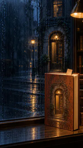 A dark bookshop window streaked with vertical rain where a lit book stands with a tiny printed doorway on its plain unlettered rust cover and a real rain-streaked street doorway shows in the glass directly behind it, an unlettered paper bookmark jutting from the pages.