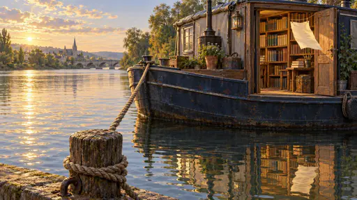 Low three-quarter view of a small bookbinder barge with a faded navy hull moored on a calm river, a taut rope running to a foreground bollard while a parchment sheet lifts in the open cabin doorway above railed book shelves.
