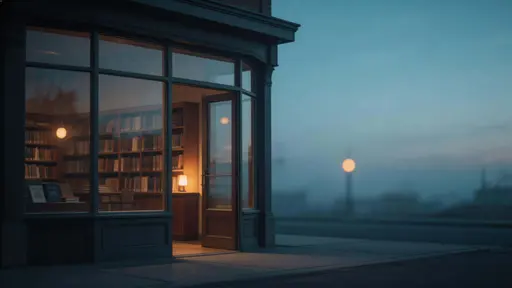 16:9 cinematic dusk street photo of a closed bookstore off-center, dim shelves and a low amber glow inside contrasted with cool blue-grey reflections outside, subtle grain and haze, rich shadows, no people or text.