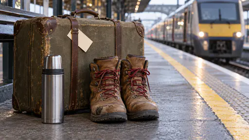 A pair of scuffed tan leather boots with dark red laces stand on a station platform beside a worn suitcase with a blank cream luggage tag on its strap and a thermos with a train blurred behind in cool platform light.