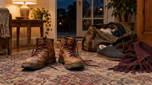 A pair of scuffed tan leather boots with dark red laces stand kicked off and slightly askew on a worn rug beside an unlaced slipper, a dropped scarf and a half-open bag with a lit lamp and dark window beyond in warm lamp light.
