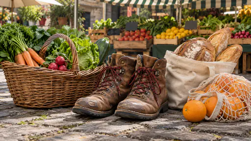 A pair of scuffed tan leather boots with dark red laces stand on cobbles beside a woven basket of vegetables, a cloth bag of bread and a string bag of oranges with a striped awning and crates soft behind in bright morning light.