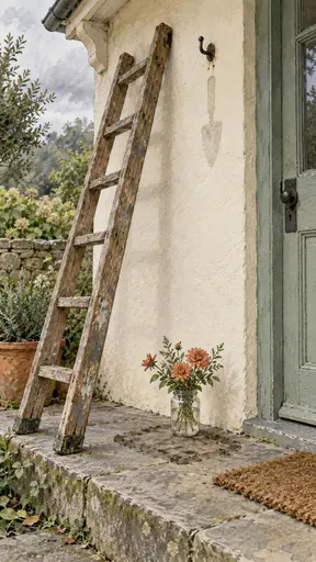 Loose watercolour of a wooden ladder leaning on a cream porch wall beside a bare hook with a pale dust outline, with a jam jar of terracotta and green garden flowers standing on the doorstep inside an old footprint ring.