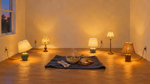 Low wide gouache view of an unfurnished room with five mismatched borrowed lamps in a loose arc trailing cords to different walls, one tilted shade, honey light pooling around a shared bowl and bread on a folded blanket.