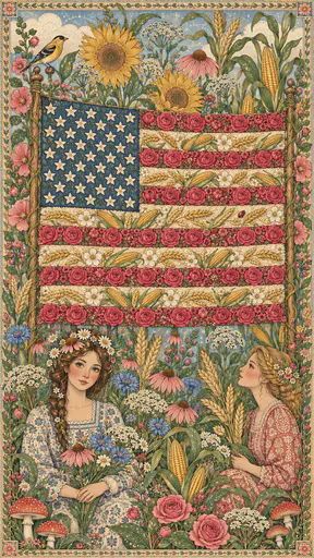 Botanical poster with a flag of wheat rows and roses under a blue star flower canton. Thirteen stripes and a starry canton print neat.