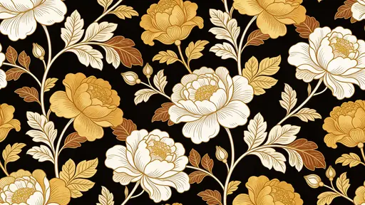 Seamless 16:9 botanical pattern of ornate flowers and foliage on a deep black field, with elegant linework and a rich palette of warm gold, ivory, and brown accents.