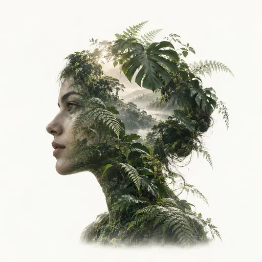 Left-facing profile of an invented adult blended with fern fronds and split monstera leaves filling the crown and hair, leaf veins carrying the tonal structure down the neck, the visible eye a calm tonal blend, in deep forest green with cream highlights on a warm-white field.