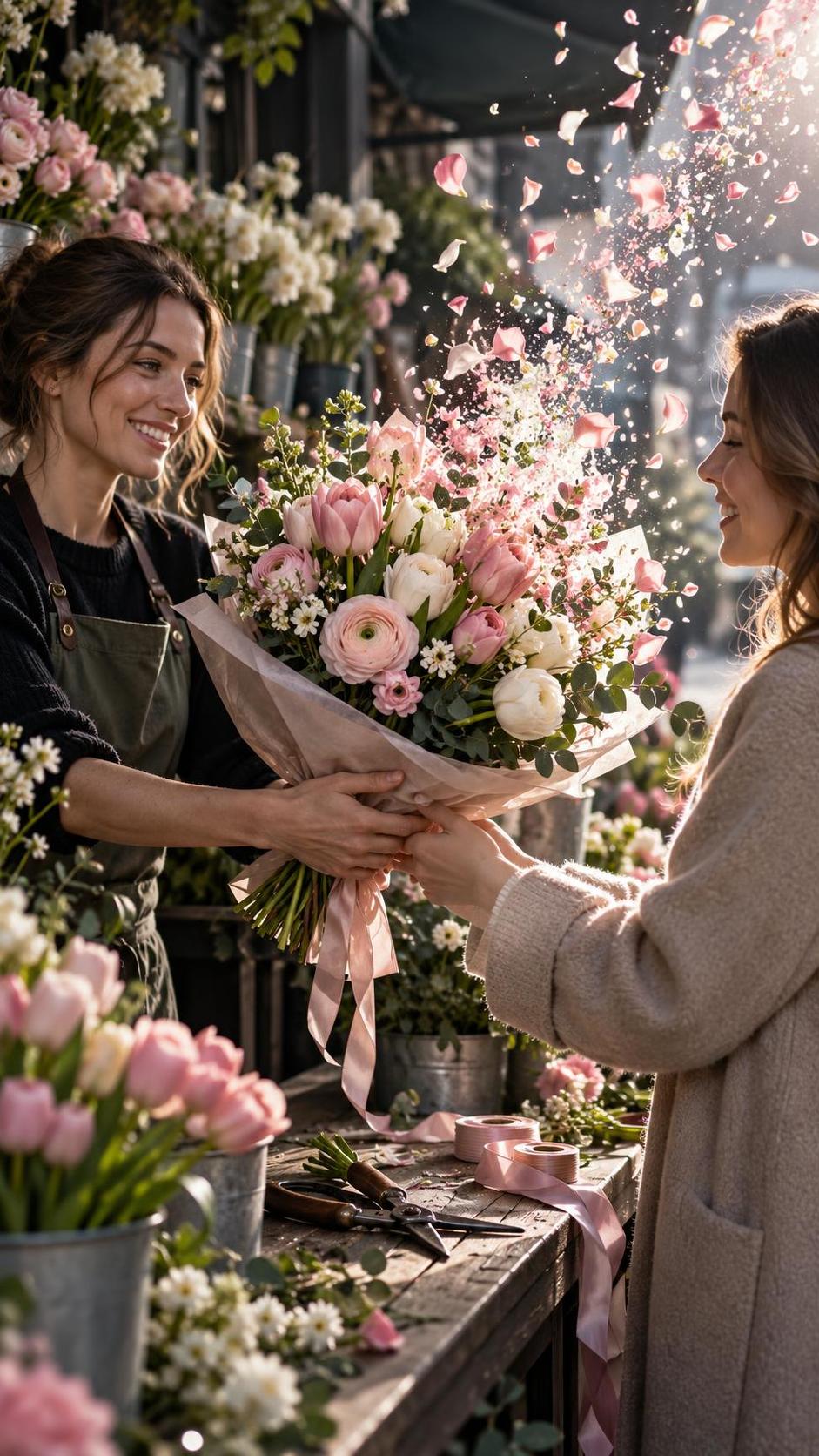 An adult florist at a flower stall hands a wrapped bouquet of tulips and ranunculus to a smiling customer across the counter with secateurs and ribbon on the table and buckets of blooms around.