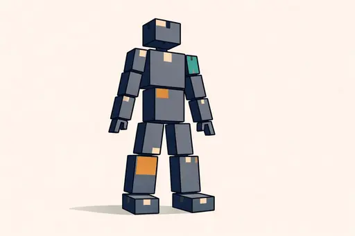 Human silhouette built from stacked boxes, rendered as a clean vector illustration for poster or editorial cover to symbolize logistics as people.