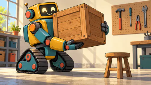 A sturdy boxy robot with thick arms and caterpillar treads carries a large wooden crate across a sunny workshop floor past a pegboard of tools in bold cartoon style.