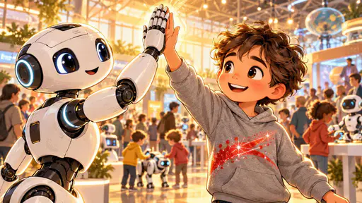 An illustrated scene of a smiling boy in a gray hoodie giving a high five to a white and black robot at a crowded expo.