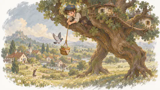 A tall boy in a patched blue cap sits high on a branch of an enormous tree lowering a small woven basket on a long rope toward a village far below on the meadow where a figure waves, a pigeon fluttering beside the basket in warm afternoon light.