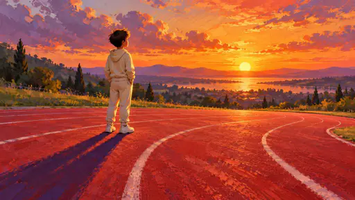 A young boy in a light tracksuit stands on a red running track with his back mostly to the viewer and looks toward a glowing sunset on the horizon.