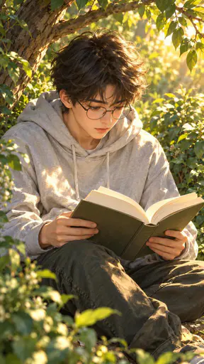 A teenage boy with round glasses and a grey hoodie reads an open paper book among leafy shrubs while sunlight slants through the branches.
