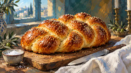 A large braided challah with a glossy golden crust and sesame seeds sits on a wooden board beside a knife, a white cloth and a small bowl of salt in loose gouache.