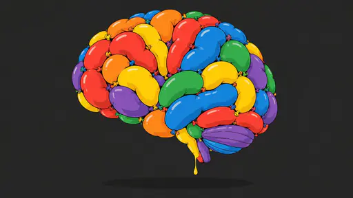 A human brain assembled from many colorful inflated balloons floats over a plain charcoal ground with one thread of coloured paint dripping from its base.