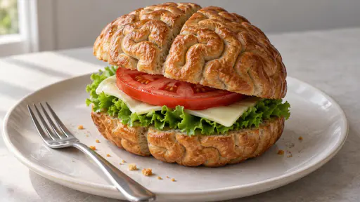 Food for thought: a close three-quarter conceptual food photograph under soft window light, where an open sandwich on a pale plate is made from two brain-shaped bread halves with a deep central groove and folded crusts, enclosing layers of lettuce, cheese and tomato, a small fork resting beside it.