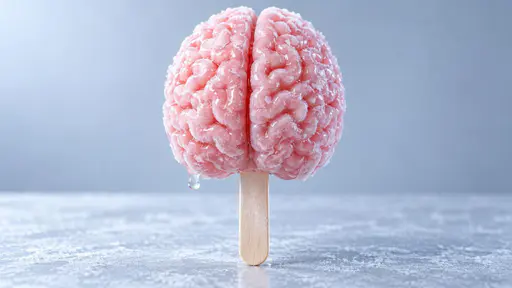 Brain freeze: a close three-quarter conceptual confectionery photograph under cool soft light, where a single pale pink ice pop is modelled as a complete human brain with hemispheres, folds and a central fissure, coated in white frost and dripping from one lower lobe on a flat wooden stick.