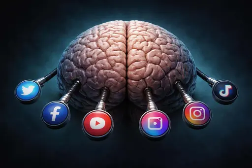 A conceptual digital-painting of a human brain with cables plugged into social media icons, composed for a 3:2 poster-cover with dramatic rim lighting and texture detail.