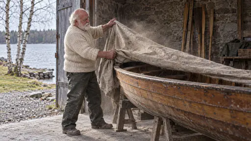 A broad white-bearded man in a cream fisherman's jumper pulls a dust sheet off a small wooden rowing boat resting on trestles inside an open grey stone boathouse with oars leaning in the corner in cool early spring light.