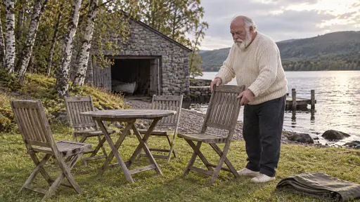 A broad white-bearded man in a cream jumper unfolds the last of four weathered wooden garden chairs set in a half circle with a plain folding table facing the lake and a stone boathouse behind in warm late-afternoon light.