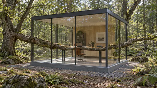 Branch office: a compact glass office surrounds a thick horizontal tree branch that runs through the room as a desk and support beam among forest trees.