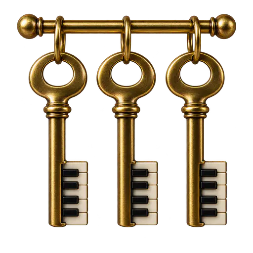 Three brass door keys hang in a row from a short horizontal rail, each key's toothed end formed as a tiny section of alternating black and white piano keys, isolated on transparency.