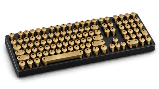 A computer keyboard whose keys are upright brass house keys, their flattened unlettered heads forming one continuous typing surface above a slim dark base, photographed in three-quarter view under soft studio light, isolated with a soft contact shadow and no background.