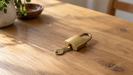 On a plain oak table in soft window light a small brass key rests with its tip just entering the keyhole of a closed brass padlock with both fully in view and generous empty table around them seen from a slight high angle.