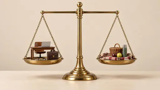 Work-life balance: front-facing product photograph of a brass balance scale with a horizontal beam and two level pans, a tiny desk and briefcase on the left, and a little picnic blanket and basket on the right.