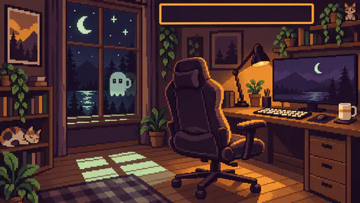 Pixel-art streamer den at night with a wooden desk, a monitor paused under a dark plum veil, an empty gaming chair, and a small pale mug-shaped ghost in the window glass; a blank amber-bordered title panel runs along the top, ready for BRB overlay text.