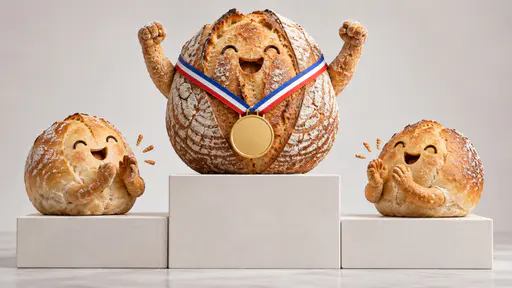Breadwinner: A sourdough bread loaf with a gold medal and raised arms standing on a podium while two smaller loaves applaud.