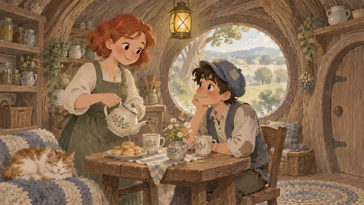 A red-haired woman in a moss-green apron pours tea for a tall boy in a patched blue cap at a small wooden table in a round-doored cottage inside a tree trunk, a round window showing the meadow sliding past and a lantern hanging from the ceiling.