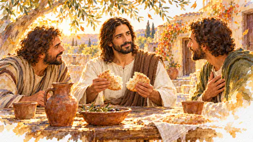 A figure in a linen tunic and brown mantle breaks a round flat loaf at a plain courtyard table with two seated companions under olive branches in amber evening watercolor.