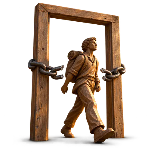 Breaking the chains: a wooden traveler strides through a doorway whose heavy iron chain has snapped apart, two broken ends hanging free — escaping a restriction.