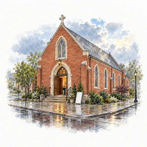 A modest red brick church with arched windows and a cross topped gable stands on a corner after rain with wet pavement reflections and breaking clouds in an ink and watercolor sketch.