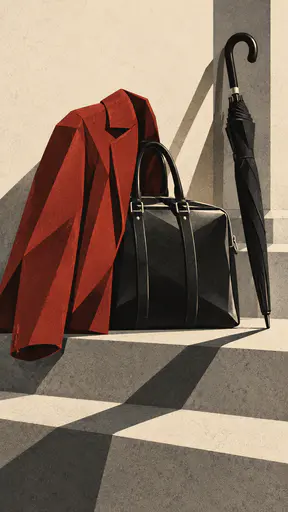 A brick red wool jacket drapes over a black leather travel bag on a cream stone step beside a leaning umbrella in angular deco poster planes.