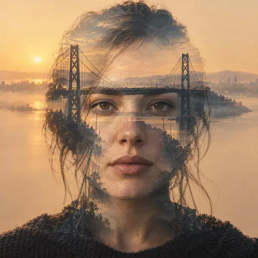 Frontal portrait of an invented adult crossed by the deck and curving cables of a golden-hour suspension bridge; both eyes stay readable above the deck line as warm amber and soft steel-blue tones blend face, bridge and dusk field.