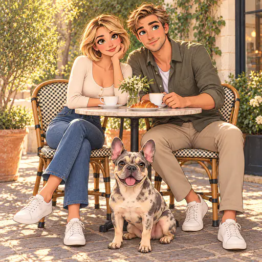 A large-eyed illustrated couple sits at a sunlit cafe table with flowers, cups and a croissant, while a spotted French bulldog pants in front.